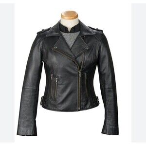 Burks Bay Genuine Soft Leather Moto Jacket Womens L Black Biker Motorcycle Edgy